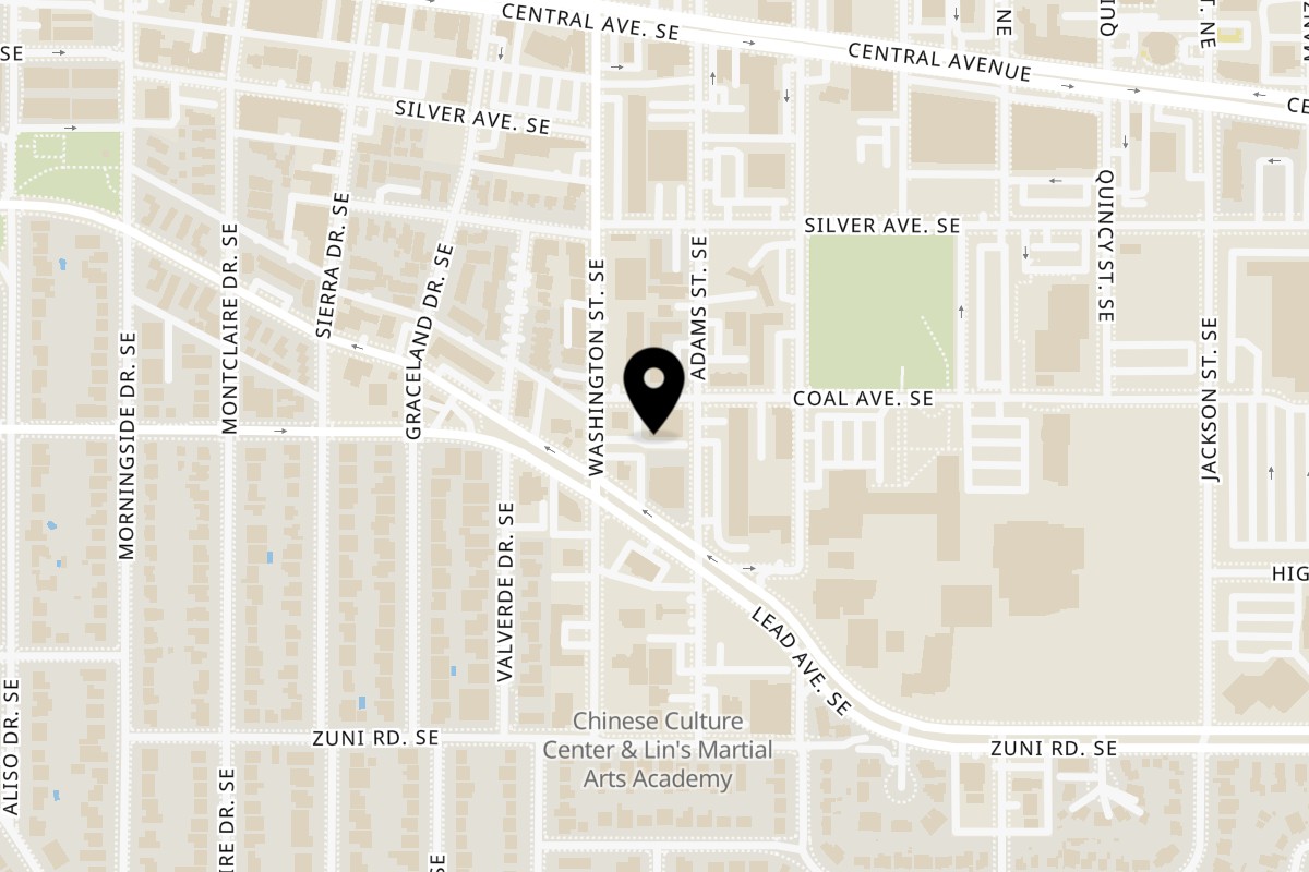 Map showing the location of Frank's Famous Chicken & Waffles on 400 Washington St SE in Albuquerque